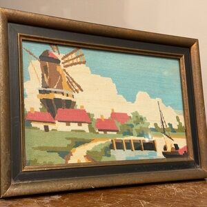 Vintage Framed Windmill Tapestry needlepoint Art